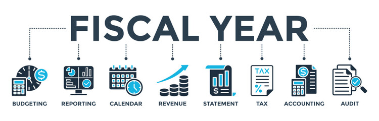 Fiscal year banner concept with icon of budgeting, reporting, calendar, revenue, statement, tax, accounting, and audit. Web icon vector illustration  - obrazy, fototapety, plakaty