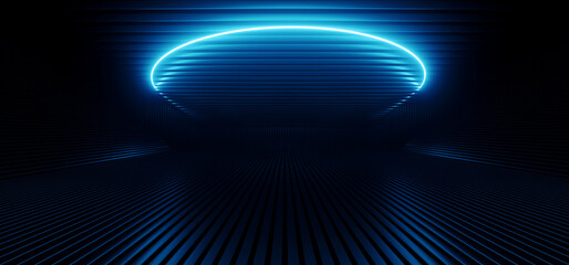 Futuristic Sci Fi Showroom Garage Oval Blue Laser Ceiling Light Parking Car Showcase Product Dark Hangar Underground Alien Futuristic Cyber Vibrant 3D Rendering - obrazy, fototapety, plakaty
