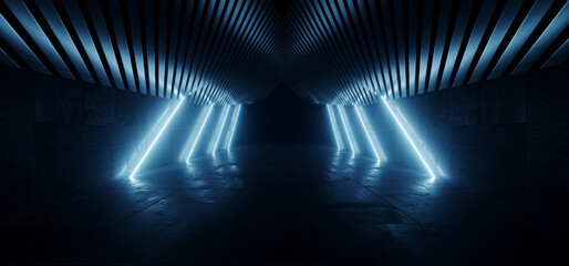 Dark Neon Cyber Glowing Vibrant Blue Beam Laser Lights Future Garage Parking Corridor Tunnel Hangar Warehouse Alien Spaceship Showcase Studio Underground 3D Rendering