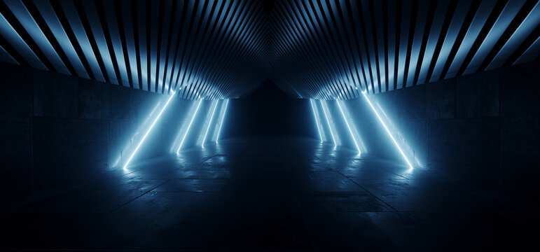 Dark Neon Cyber Glowing Vibrant Blue Beam Laser Lights Future Garage Parking Corridor Tunnel Hangar Warehouse Alien Spaceship Showcase Studio Underground 3D Rendering
