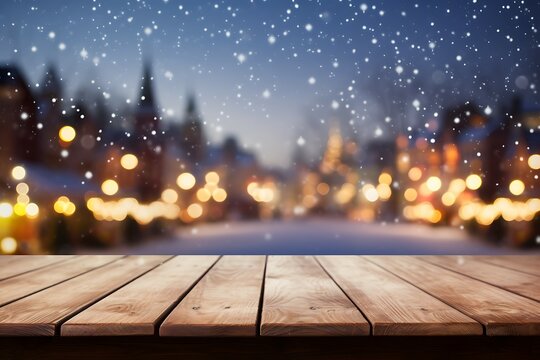Empty wooden table top with blurry Christmas town and snowfall background. 