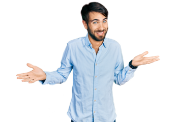 Hispanic man with blue eyes wearing business shirt smiling showing both hands open palms, presenting and advertising comparison and balance