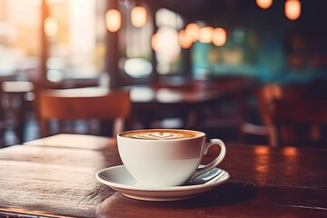 Vintage espresso delight. Enjoying rich cup of caffeine in cozy cafe setting with old world charm warm wooden table background and artful foam accents