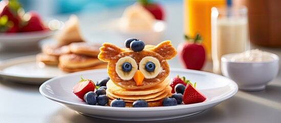 Children's breakfast with owl-shaped pancakes. - obrazy, fototapety, plakaty