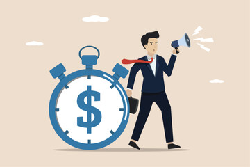 Deadline time, discipline, time countdown or time management concept, running out of work time, businessman announcing work deadline time with dollar sign.