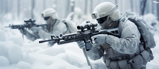 Arctic winter warfare operation in cold conditions, with soldiers in winter camo, on a snowy forest battlefield, with rifles. Focus on soldiers. - obrazy, fototapety, plakaty