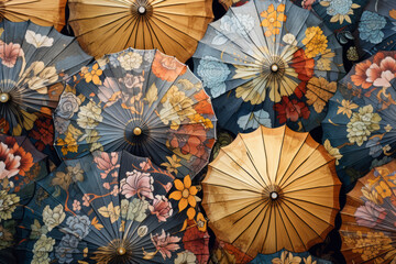 Hand painted wallpaper depicting the top of opened umbrellas with floral designs, surface material texture