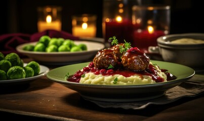 A plate of mashed potatoes with meatballs and cranberry sauce. Generative AI.