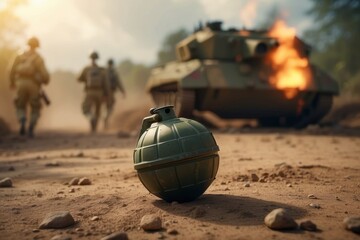 A grenade dropped among soldiers on the battlefield. - obrazy, fototapety, plakaty