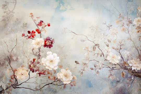 Hand painted Japanese flower scene, interior surface material texture