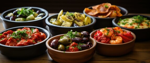 A tempting assortment of Spanish tapas, featuring patatas bravas, chorizo in red wine, garlic shrimp, marinated olives, and  cheese, artfully presented on small plates and wooden boards. - obrazy, fototapety, plakaty