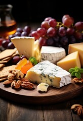 A delicious platter of artisanal cheeses, accompanied by crackers, nuts, and grapes, beautifully arranged on a wooden board. Generative AI.