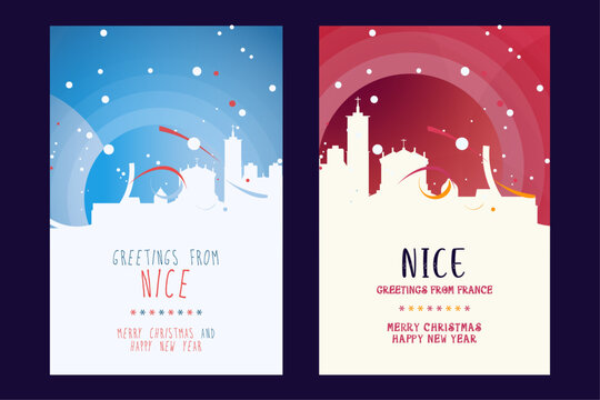 Nice city poster with Christmas skyline, cityscape, landmarks. Winter France, Côte d'Azur town holiday, New Year vertical vector layout for brochure, website, flyer, leaflet, card