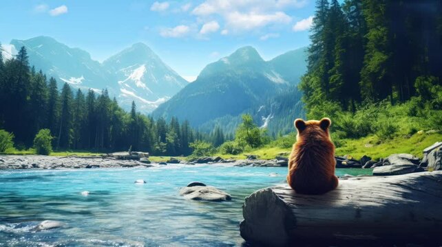 brown bear sitting on a rock and river bank. seamless looping time-lapse virtual video Animation Background.
