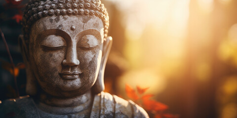 Obrazy na Plexi  Mindful background with peaceful buddha statue meditating in the sunrise