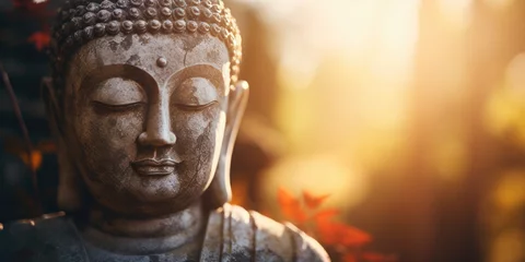 Rolgordijnen Mindful background with peaceful buddha statue meditating in the sunrise © Maris