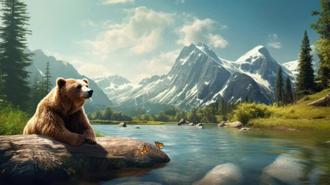 brown bear sitting on a rock and looking maountain. seamless looping time-lapse virtual video Animation Background.