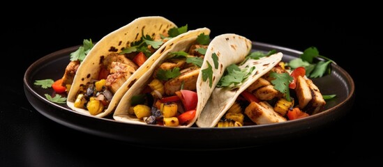 Flour tortilla shell tacos with grilled chicken, corn, sweet potato cubes, red pepper, and parsley on a black plate.