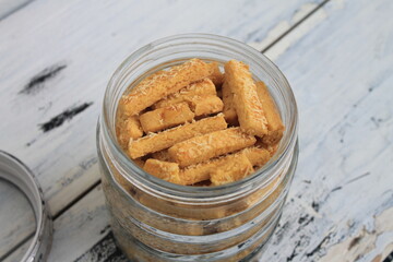Indonesian snack called kastengel in a jar on the table