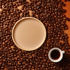 Fototapeta premium Arrangement of coffee beans and a coffee cup with space for copy.