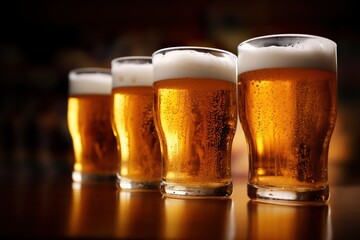 Variety of beer glasses arranged on a rustic wooden table.