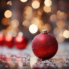 Christmas and New Year greeting card with balls, a festive Christmas bokeh background.