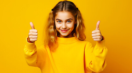 Portrait photo of young girl smiling with thumbs up on yellow background