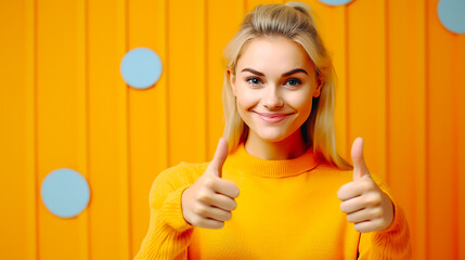 Portrait photo of young woman smiling with thumbs up on yellow background