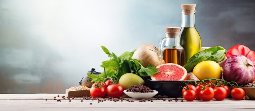 Healthy food assortment for cooking on a kitchen table, embodying the concept of balanced nutrition in a flexitarian Mediterranean diet.