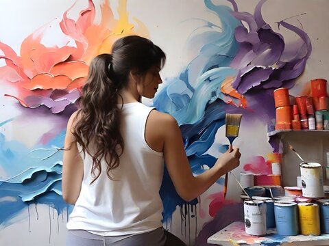young painting,housework,lifestyle,wall,clean,interior,gloves,domestic,beauty,Ai generated 