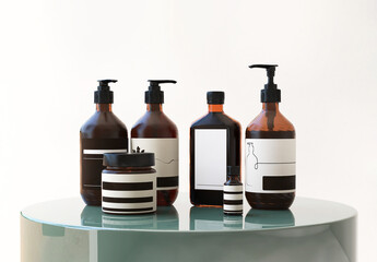Mock up of blank label soap, shampoo dispenser, amber bottle and jar on emerald green side table...