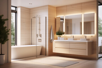 The interior of a modern bright bathroom. A comfortable bathtub by the window, a large mirror with a dressing table, green plants. A cozy spacious bathroom in pastel beige tones in an apartment, house