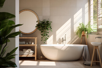 The interior of a modern bright bathroom. A comfortable bathtub by the window, a round mirror, lots of green plants, a cozy bathroom in an apartment or hotel. 