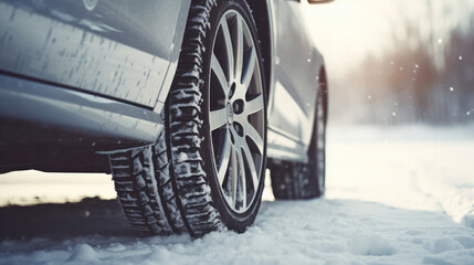 Tyre on a snowy road Generative Ai - obrazy, fototapety, plakaty