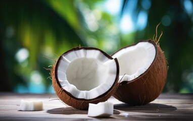 Open coconut on a premium resort, blurred background