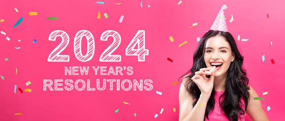 2024 New Years Resolutions with young woman with party theme on a pink background