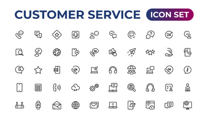 Customer service icon set. Containing customer satisfied, assistance, experience, feedback, operator and technical support icons.Thin outline icons pack.