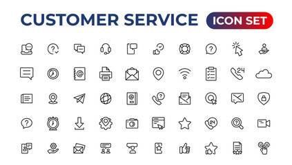 Customer service icon set. Containing customer satisfied, assistance, experience, feedback, operator and technical support icons.Thin outline icons pack.