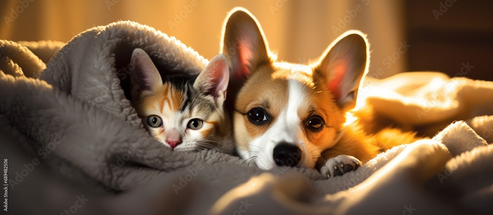 Sticker Cute corgi puppy cuddles tiny tabby kitten under blanket on bed.