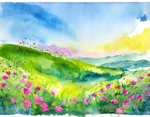 green grass plains and hills under a beautiful blue sky with lots of small flowers and sunset