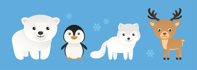 Cute funny polar animals set. Set of vector simple illustration. Polar bear, penguin, reindeer and arctic fox.  Cartoon icons