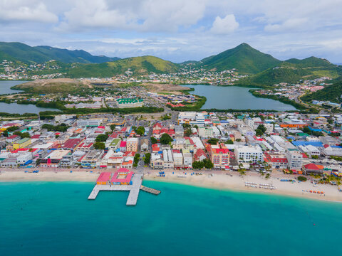 Philipsburg historic city center aerial view including Front Street and beach on Broadwalk at Great Bay, Philipsburg, Sint Maarten, Dutch Caribbean. 