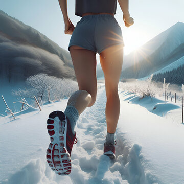 Physical fitness, lady jogging in the snow, back view 