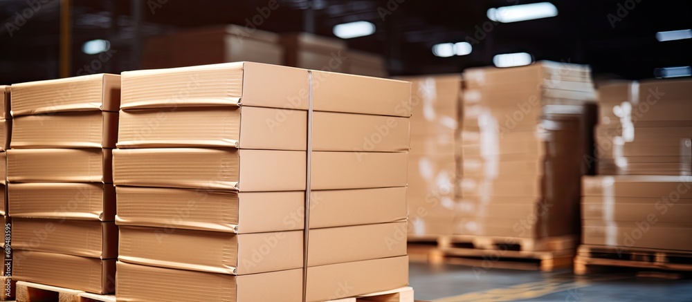 Wall mural Package boxes with plastic film are stacked on pallets with L-shape cardboard angle protectors in a storage and shipping warehouse.