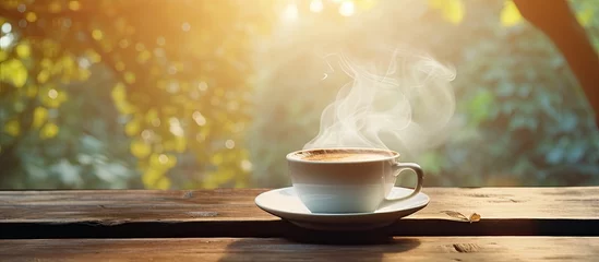  Morning nature background with a white coffee cup and steam, 4K. Hot coffee on an old wooden table outdoors. © AkuAku