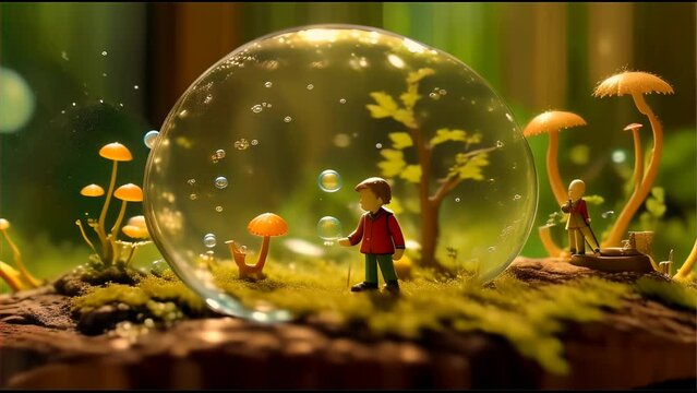 a tiny figure standing inside a transparent bubble amidst a forest teeming with mushrooms