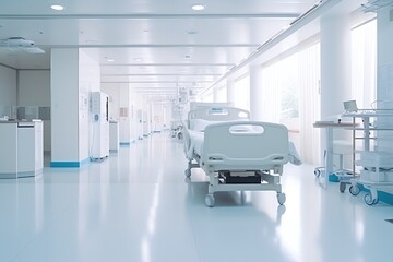 a hospital room with beds and a table