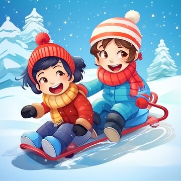 a cartoon of kids riding on a sled