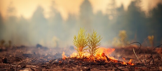 Burning young pine in forest fire - visualizing wildfires or prescribed burning. - obrazy, fototapety, plakaty