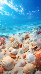 a group of shells on a sandy beach under water - obrazy, fototapety, plakaty